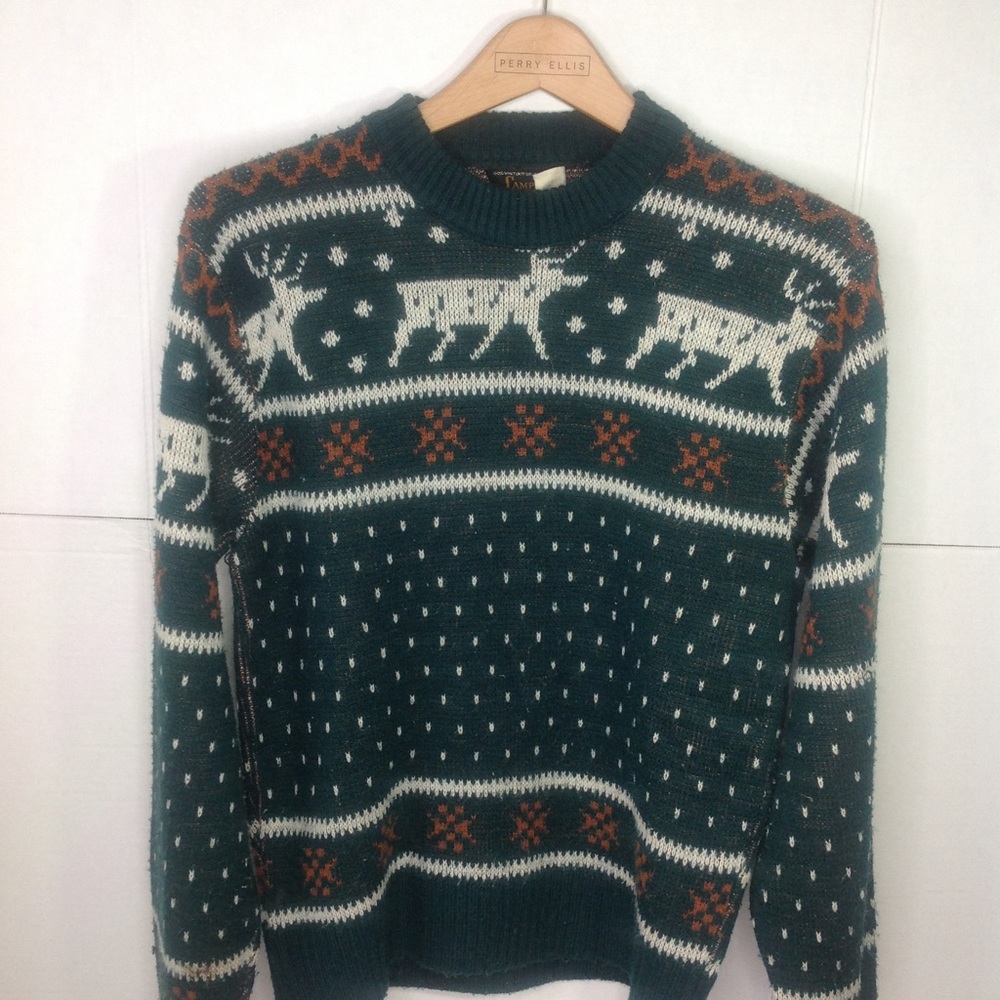 Vintage Green Reindeer Sweater Christmas Campus